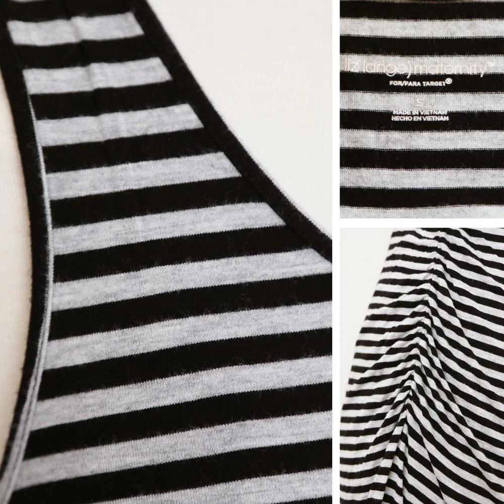 Liz Lange Maternity Gray Black Striped Ruched Gathered Sleeveless Midi Dress S - Picture 7 of 9
